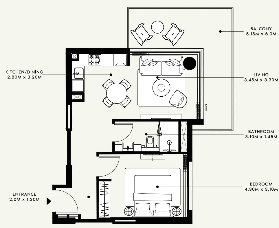 Azizi Venice 1 bed floor plan, 720 sqft