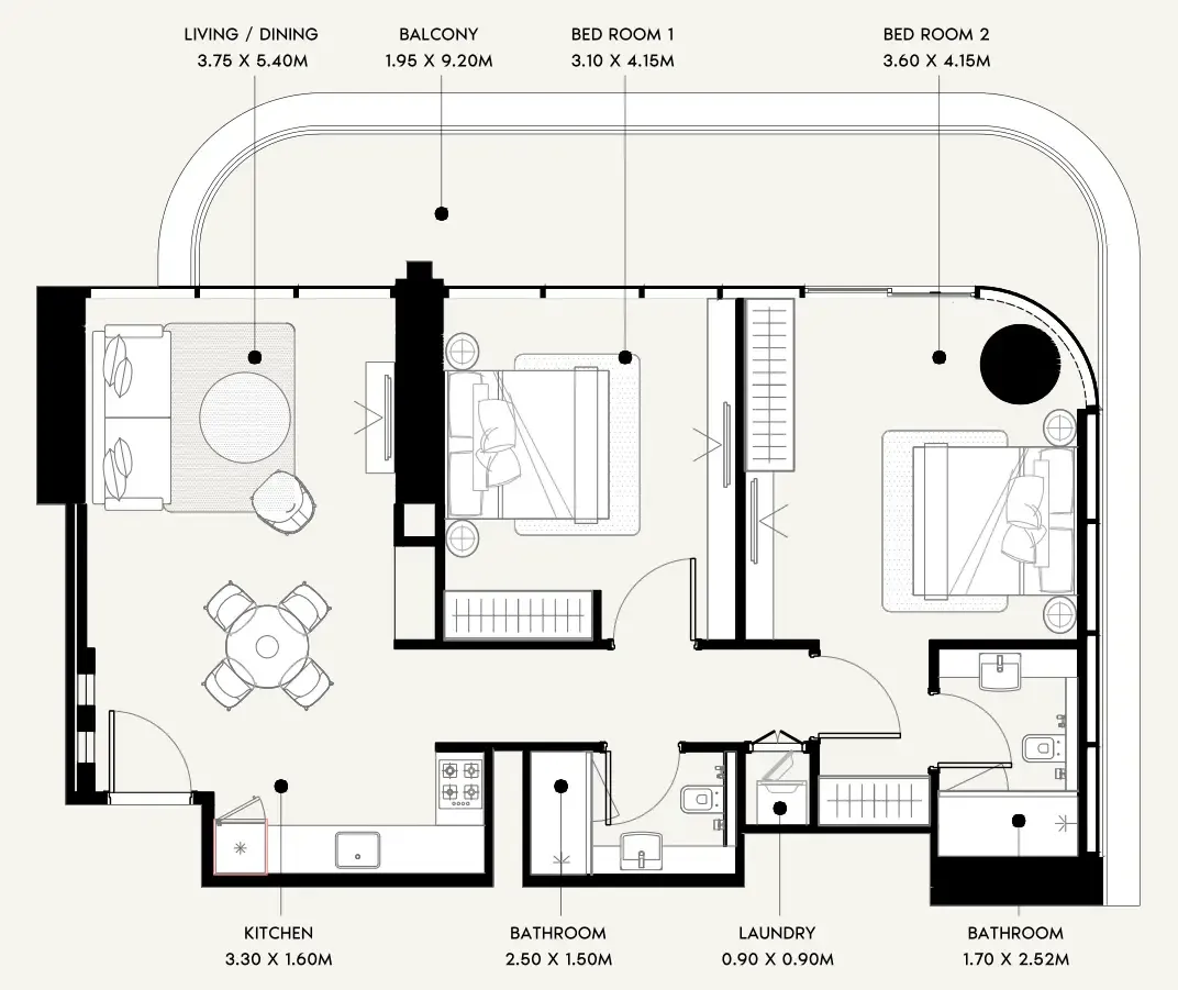 Azizi Milan 2 bed floor plan, 1,122 sqft