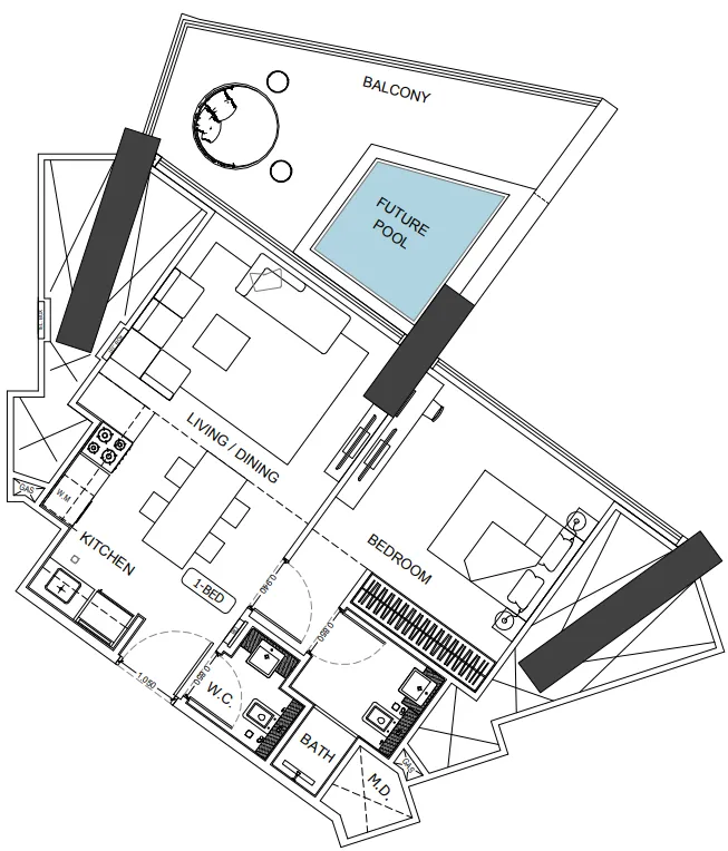 Binghatti Phantom 1 bed floor plan, 791 sqft