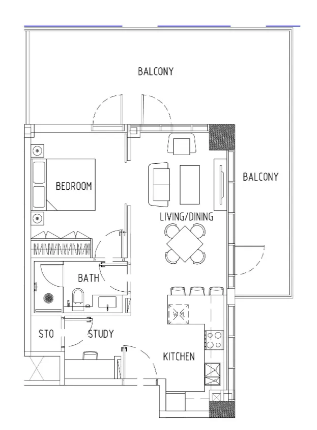 Damac District 1 bed floor plan, 917 – 919 sqft