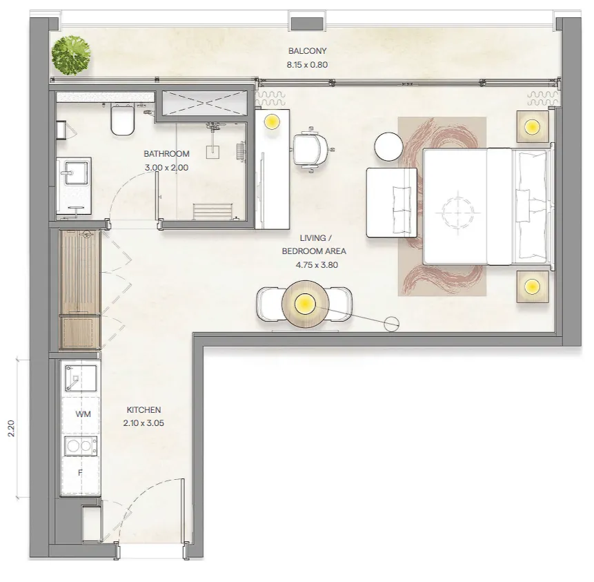 Bloom Arjaan by Rotana  Studio floor plan, 526 – 530 sqft