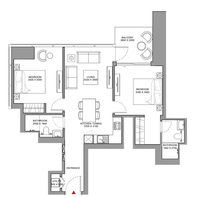 Skyscape 2 bed floor plan, 1,407 sqft