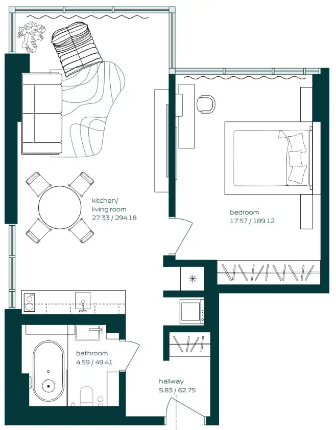 Vibe 1 bed floor plan, 674 sqft