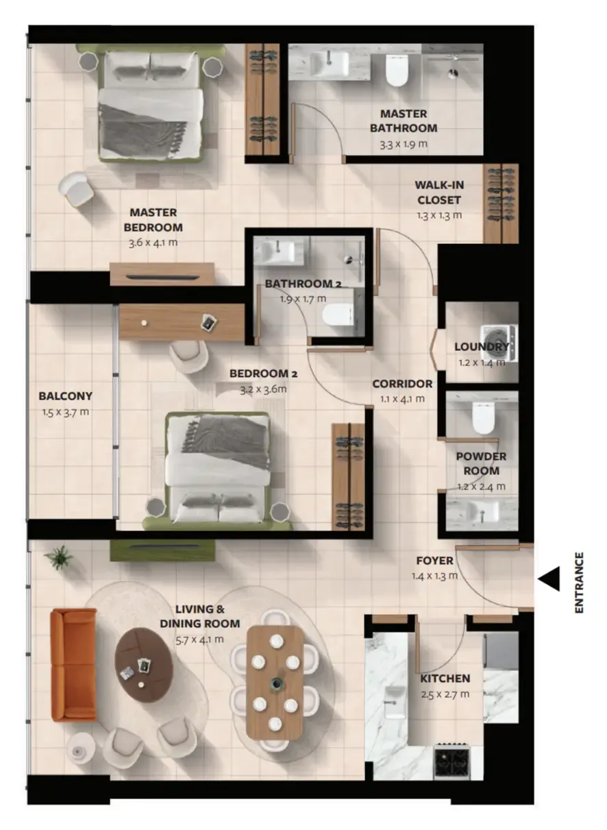 Waada Dubai South 2 bed floor plan, 1,138 – 1,142 sqft