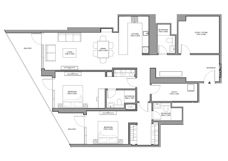 Skyvue Spectra 2 bed floor plan, 1,712 sqft