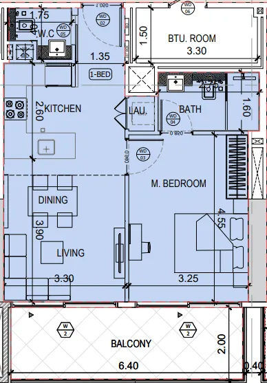 Binghatti Amberhall 1 bed floor plan, 686 sqft