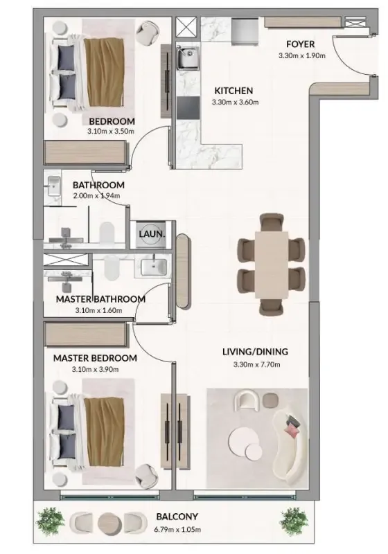 Woodland Terraces 2 bed floor plan, 945 sqft