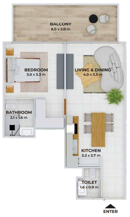 Treppan Tower 1 bed floor plan, 647 sqft