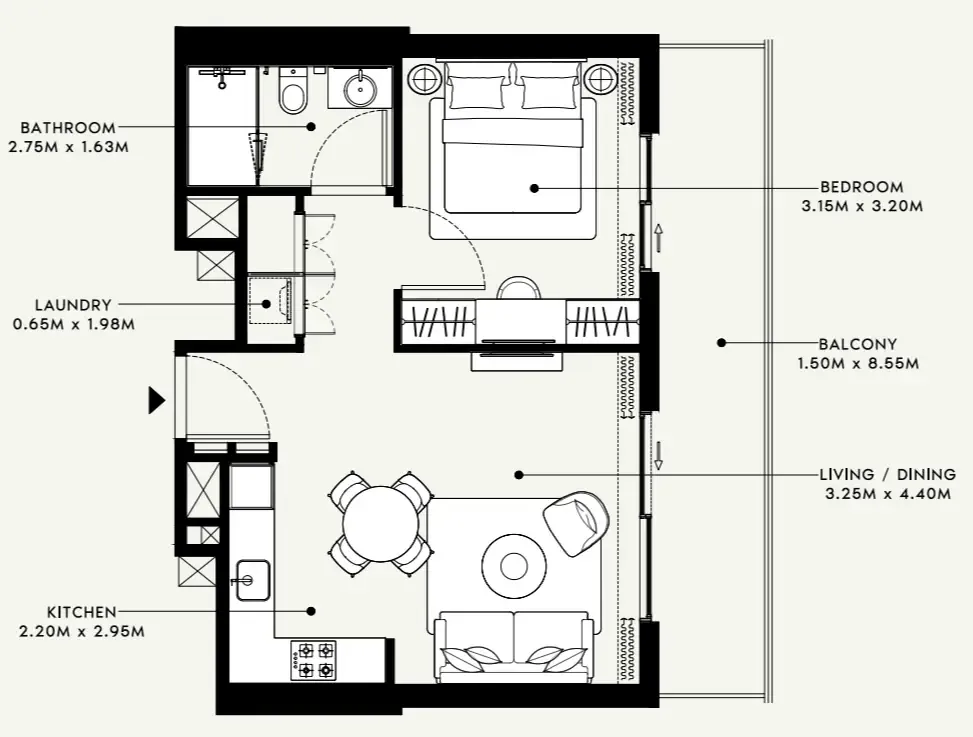 Beach Oasis 1 and 2 1 bed floor plan, 682 sqft