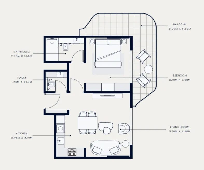 Azizi Venice 1 bed floor plan, 689 sqft