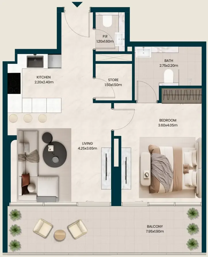 Kyomi Residences 1 bed floor plan, 776 sqft