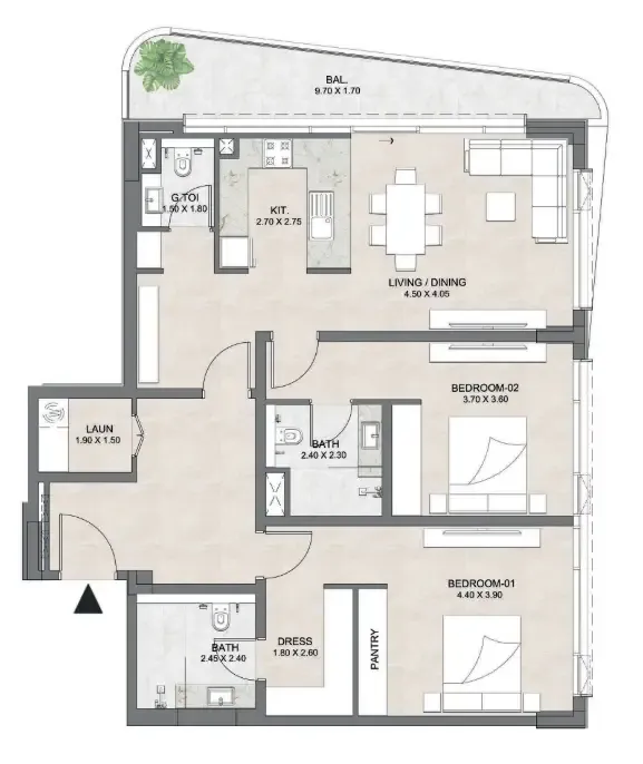 Luzora Residence 2 bed floor plan, 1,424 sqft