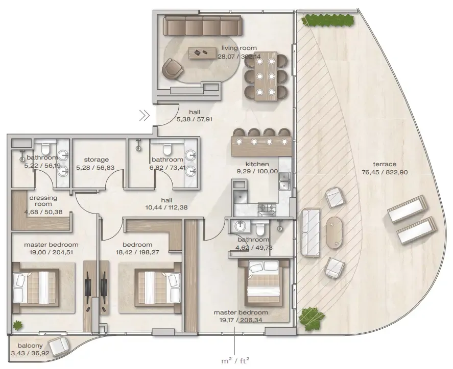 Zephyra Residences 3 bed floor plan, 2,472 sqft