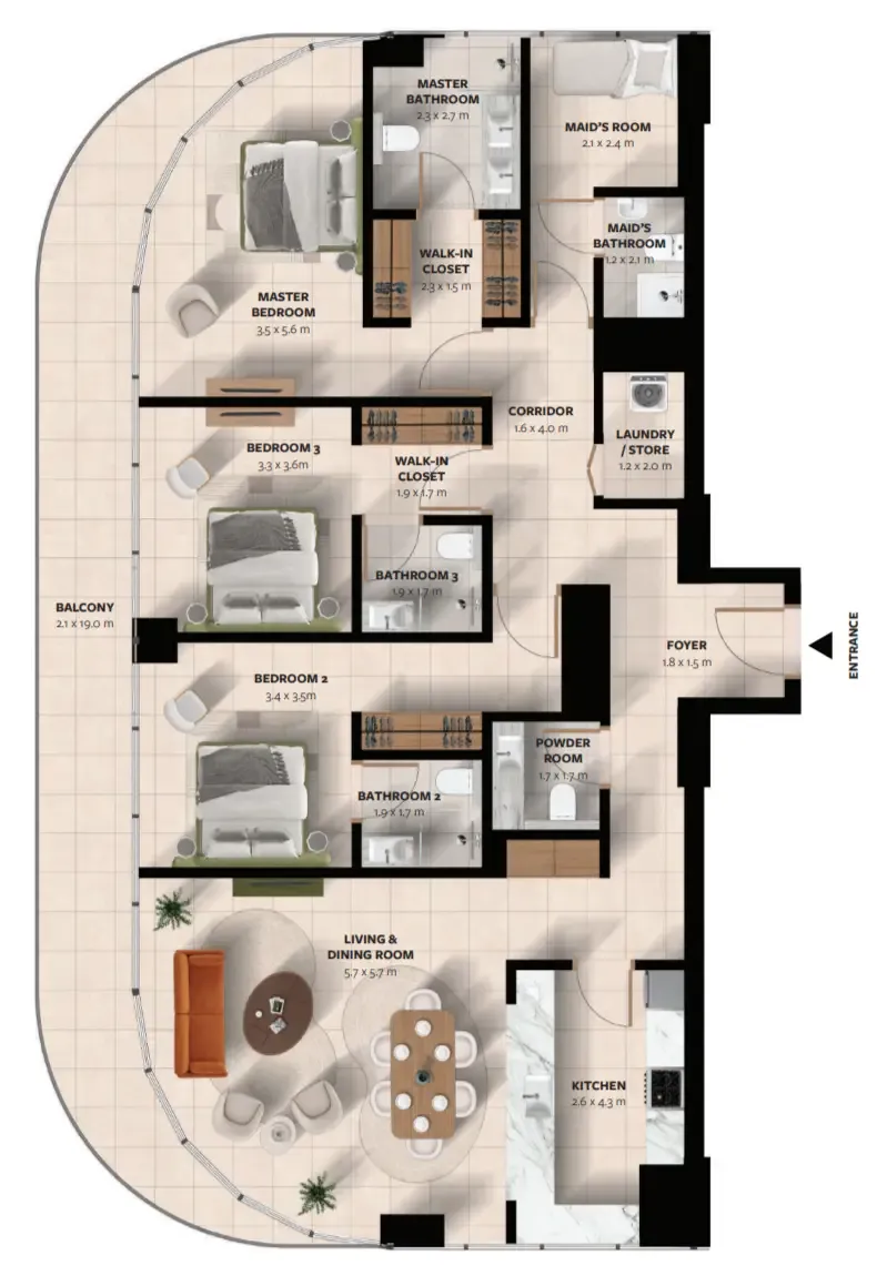 Waada Dubai South 3 bed floor plan, 2,058 sqft