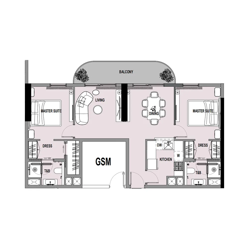 Verso 2 bed floor plan, 936 sqft