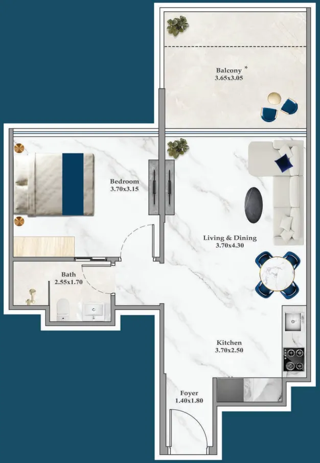 Timez 1 bed floor plan, 545 – 589 sqft