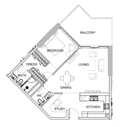 Golf Greens 1 bed floor plan, 1,013 sqft