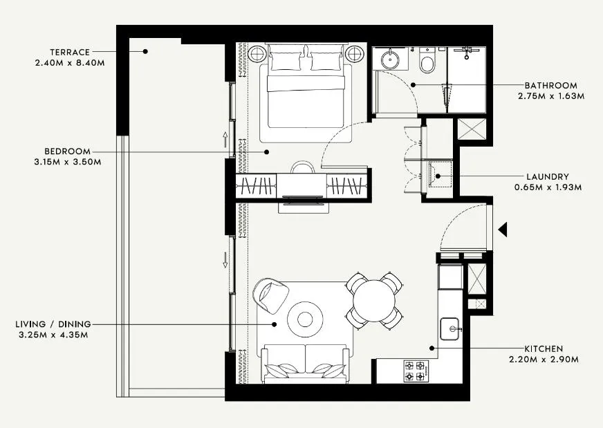 Beach Oasis 1 and 2 1 bed floor plan, 775 sqft
