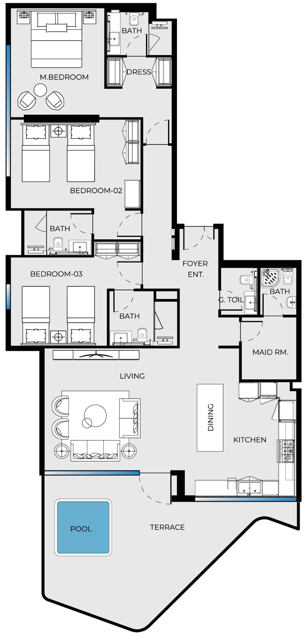Luxury Canal Residences 3 bed floor plan, 2,039 sqft