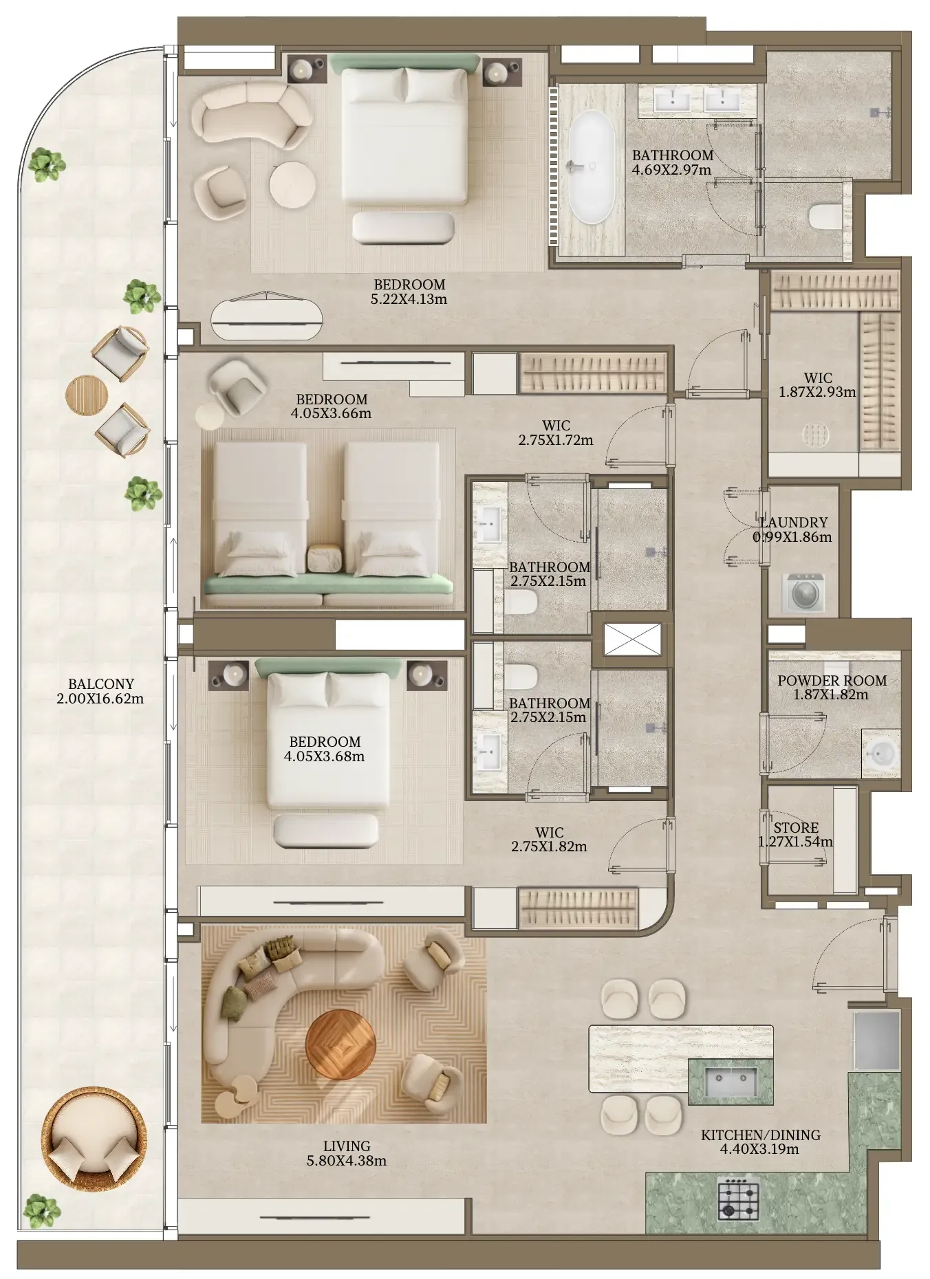 Nasim Al Bahr Residences 3 bed floor plan, 2,179 sqft