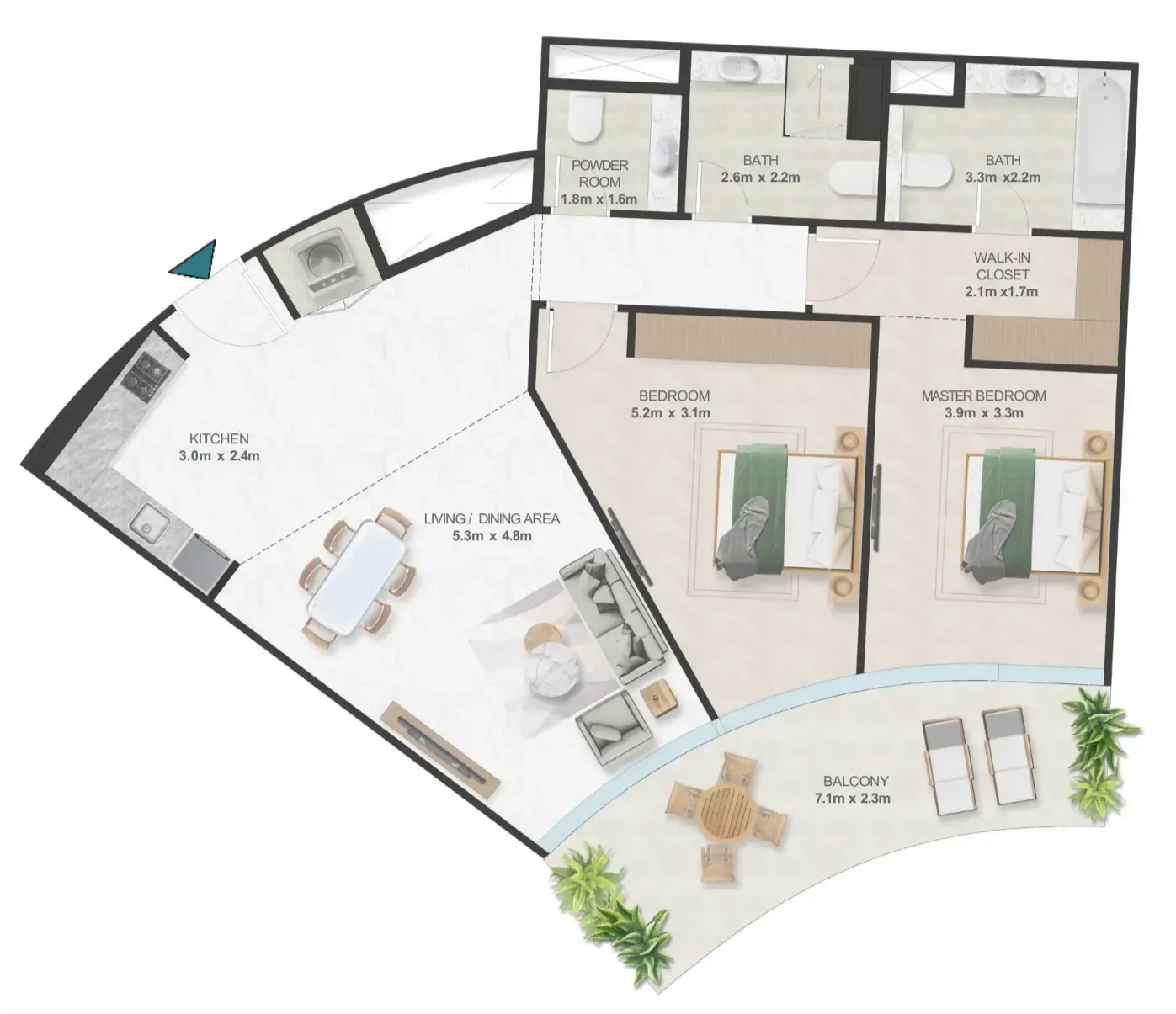 Oystra 2 bed floor plan, 1,303 sqft