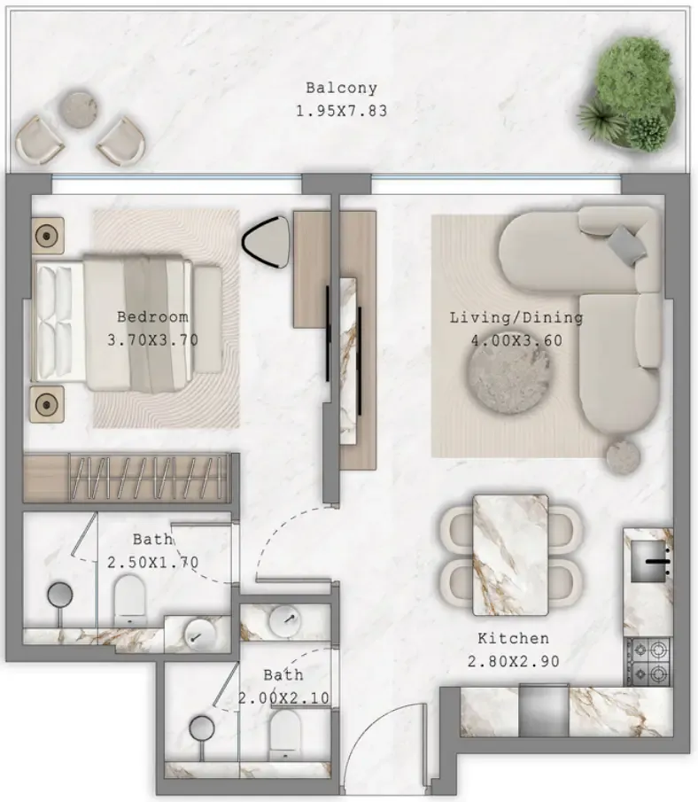 Aark Terraces 1 bed floor plan, 758 sqft