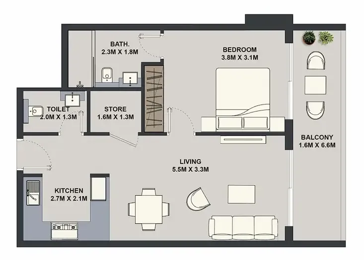 Maison Elysee 1 bed floor plan, 717 sqft
