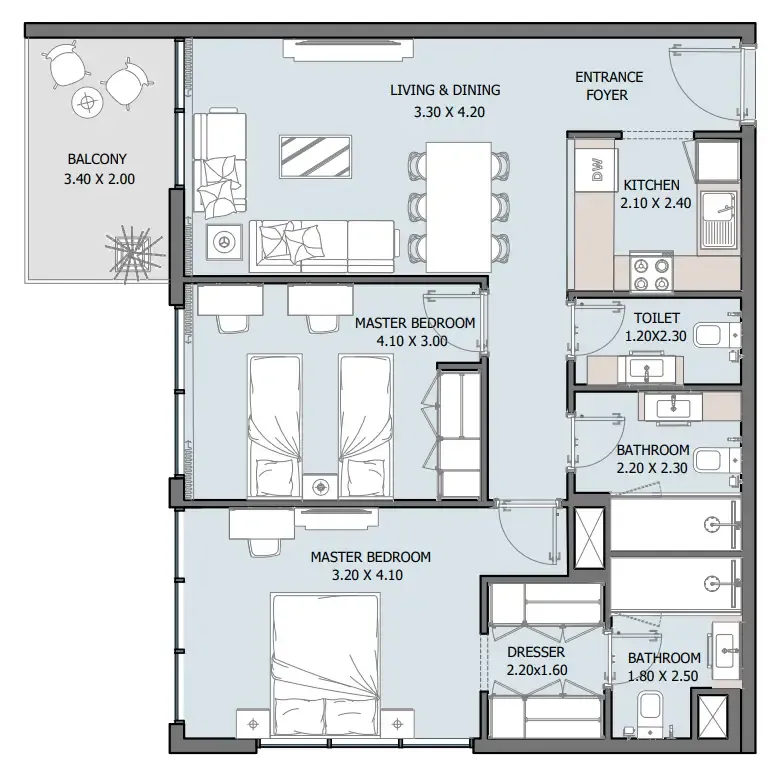 Oceana 2 bed floor plan, 930 sqft