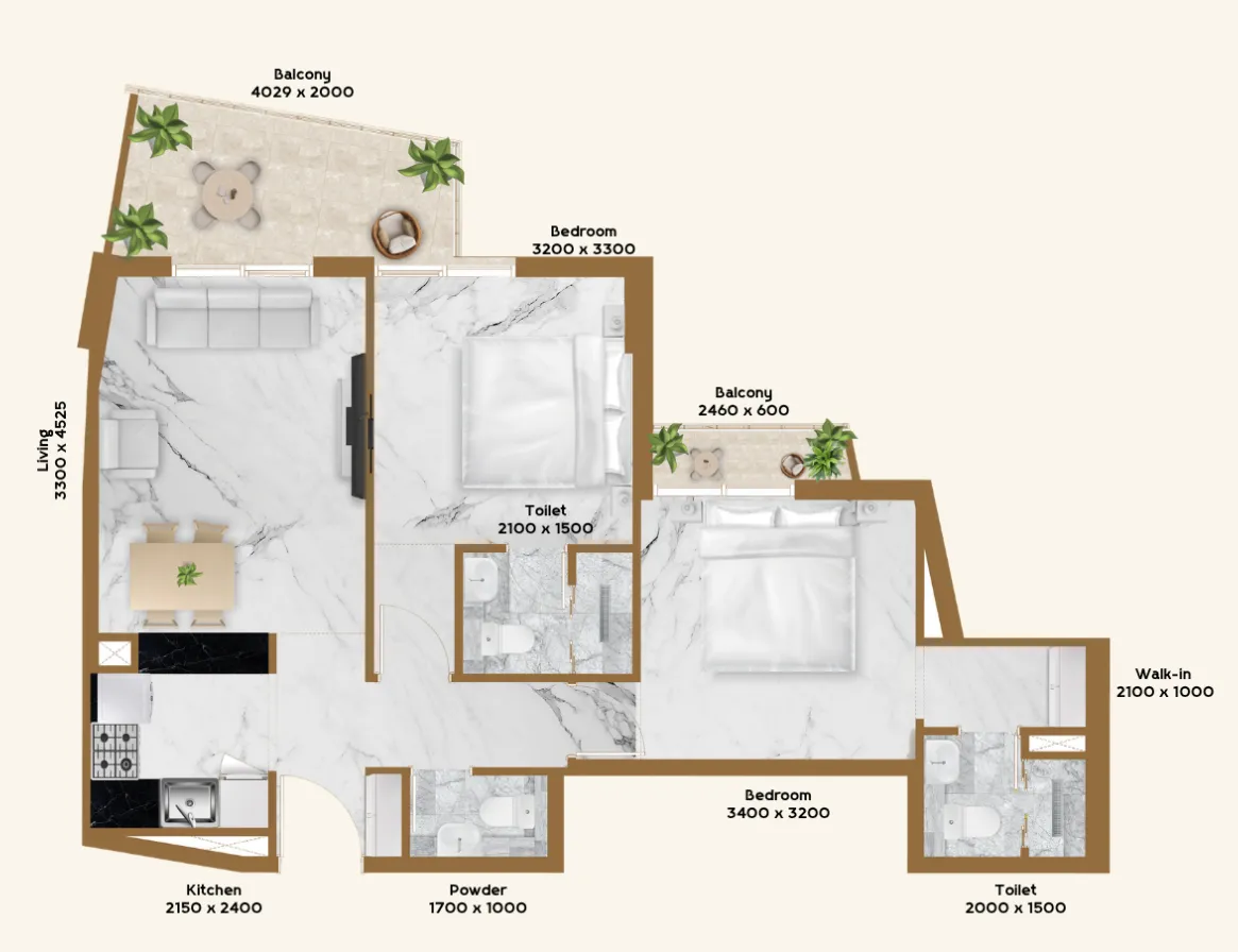 RR Residence 2 bed floor plan, 819 sqft
