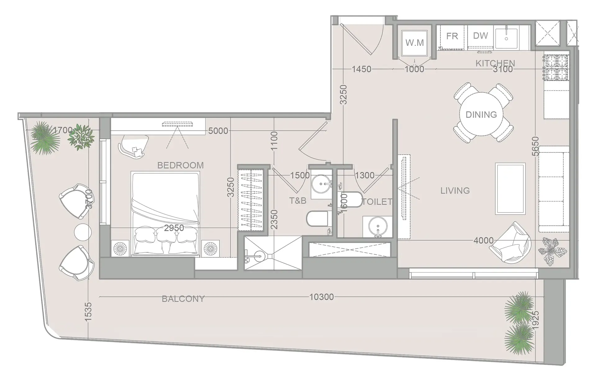 ELAR1S Sky 1 bed floor plan, 855 sqft