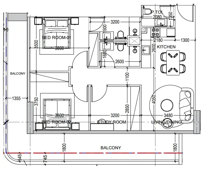 Al Haseen Residences 6 2 bed floor plan, 1,284 sqft