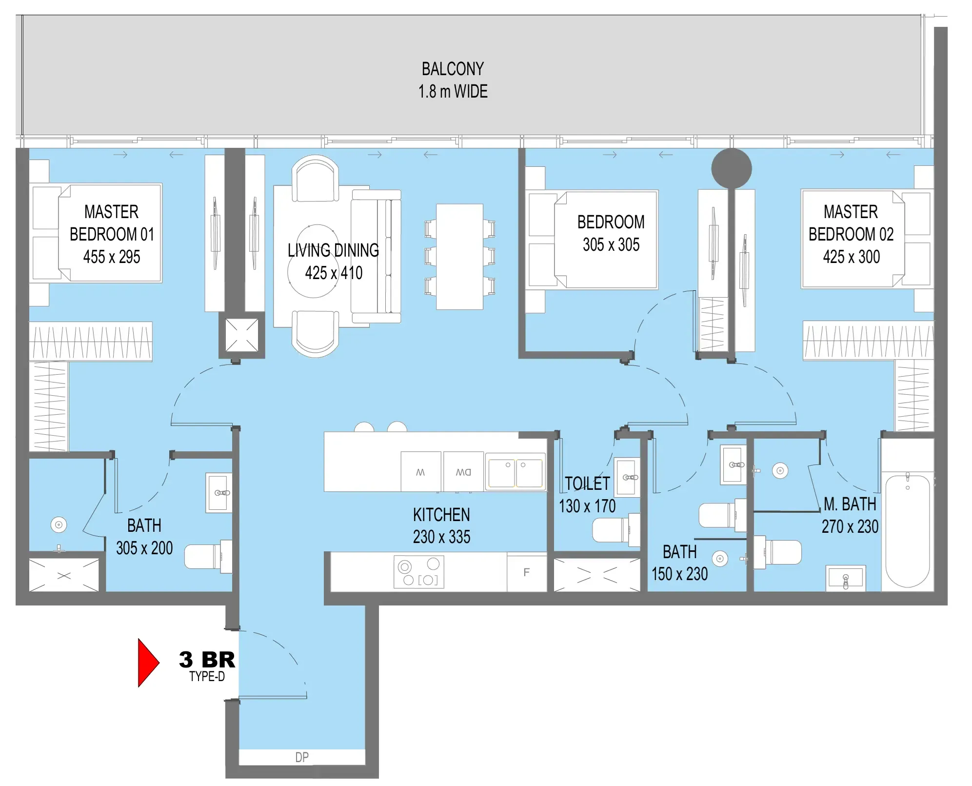 Sensi 3 bed floor plan, 1,358 – 1,359 sqft