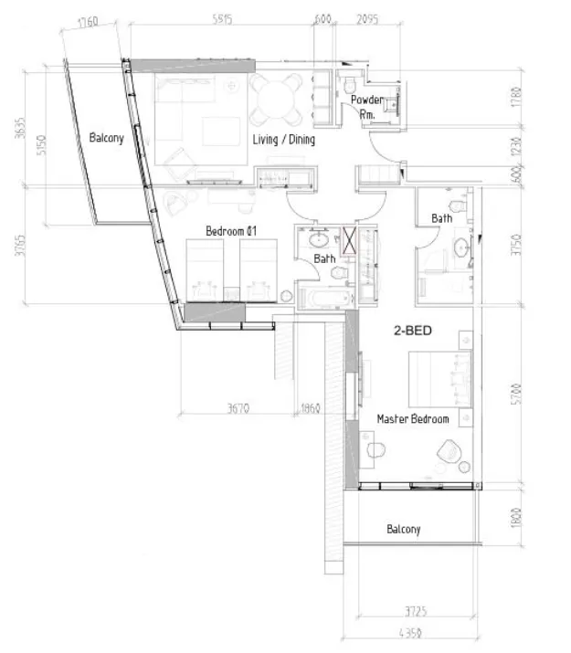 Damac Hills - Radisson Dubai 2 bed floor plan, 1,268 sqft