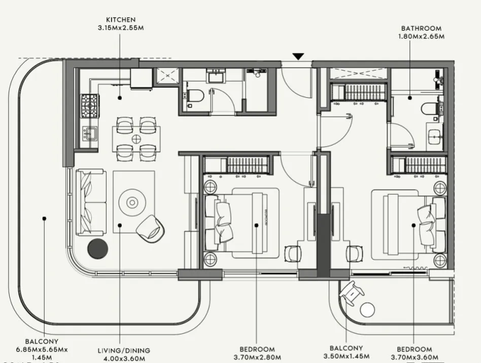 Azizi Venice 2 bed floor plan, 1,108 sqft