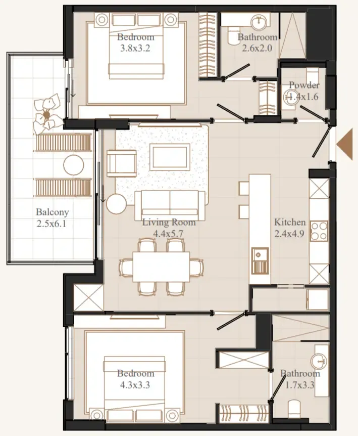 Flamingo LUX 2 bed floor plan, 1,158 sqft