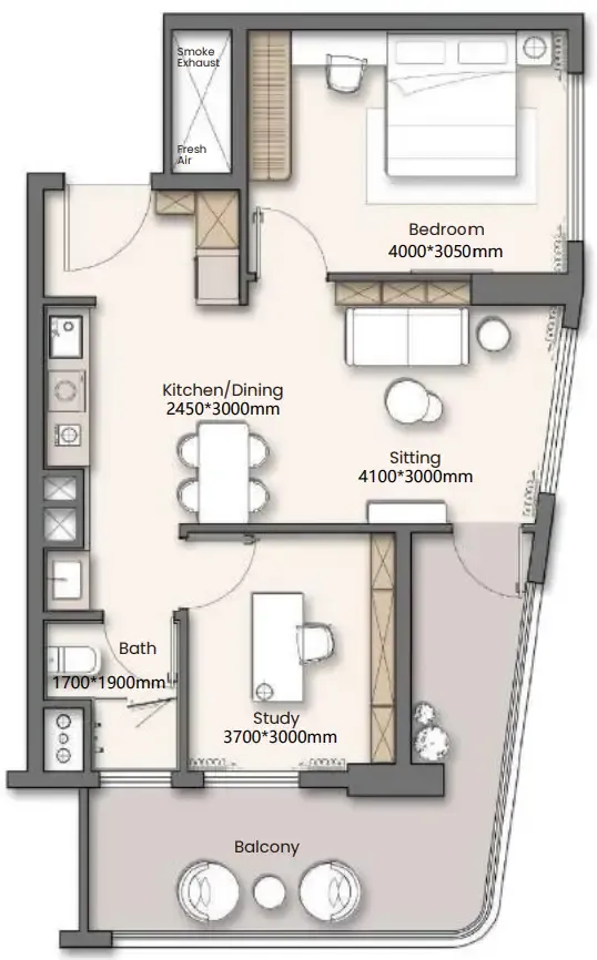 Yigo 26 1 bed floor plan, 699 – 701 sqft
