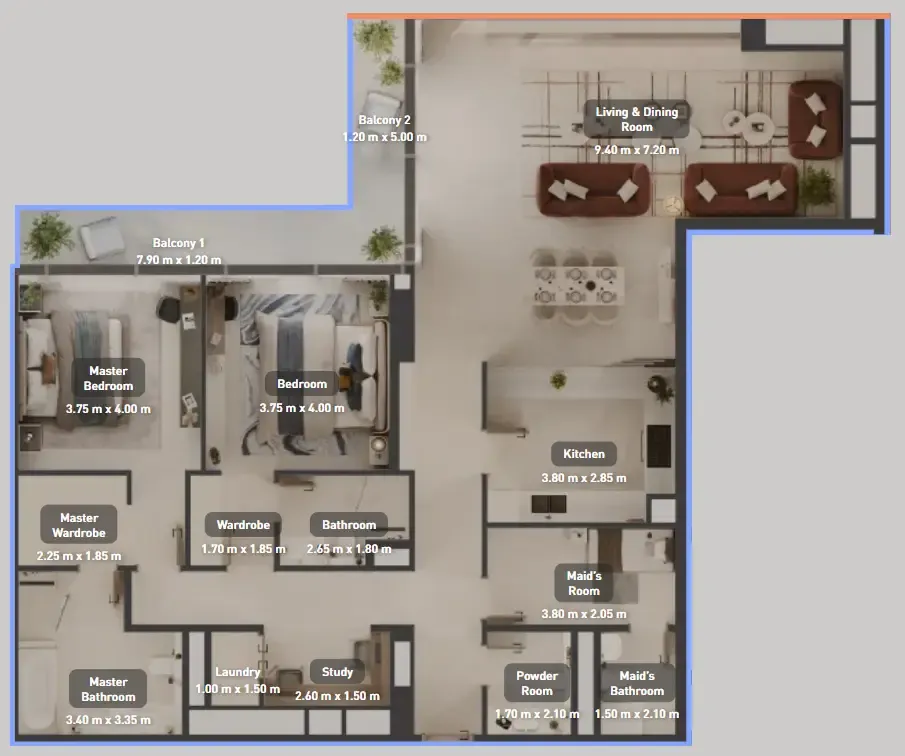 Luluat Marina at Luluat Al Raha 2 bed floor plan, 1,928 sqft