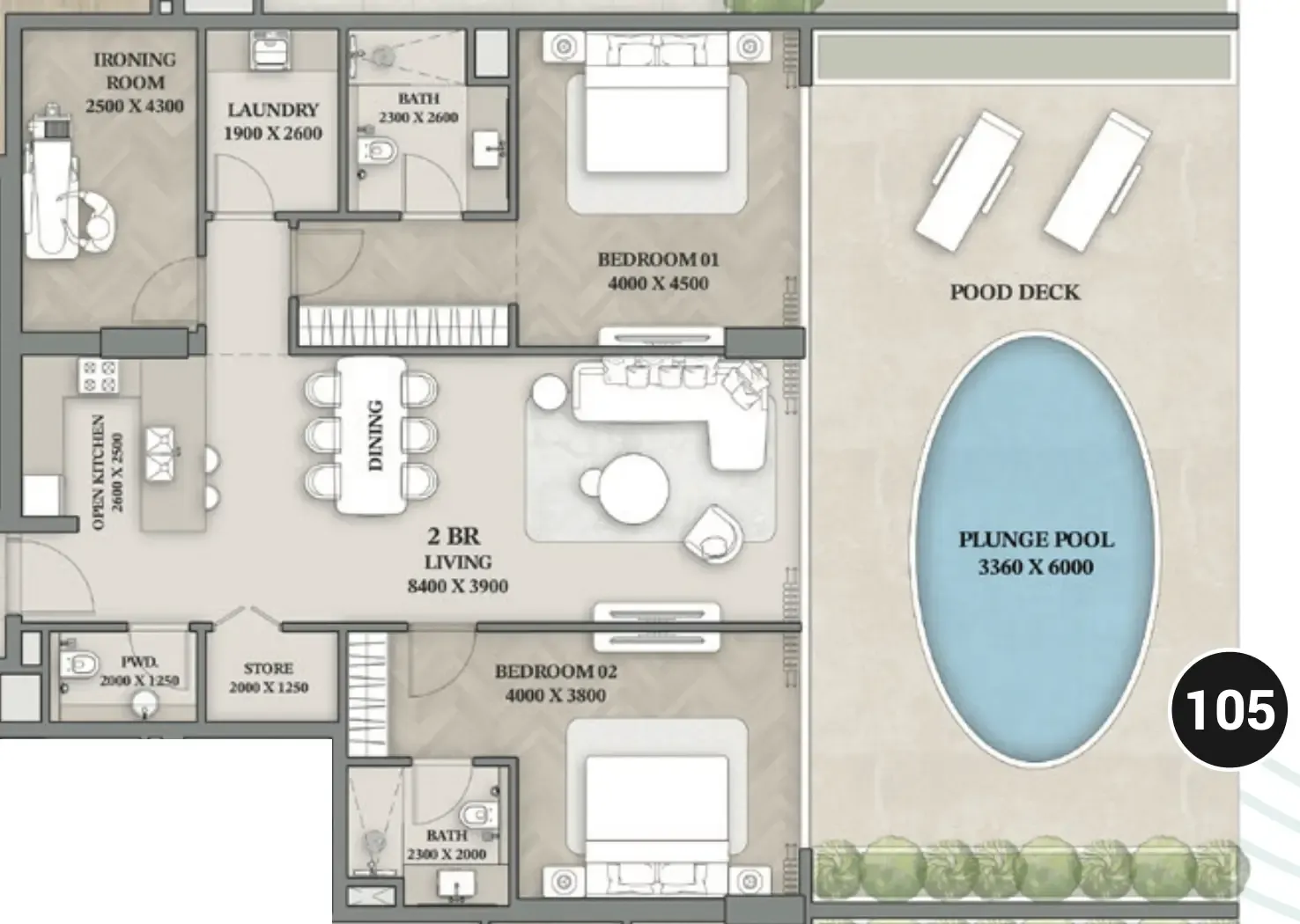 Wellington Ocean Walk 2 bed floor plan, 2,195 sqft