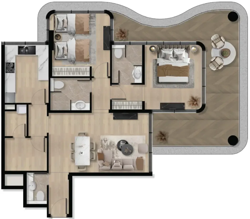 Orvessa Residences 2 bed floor plan, 1,357 sqft