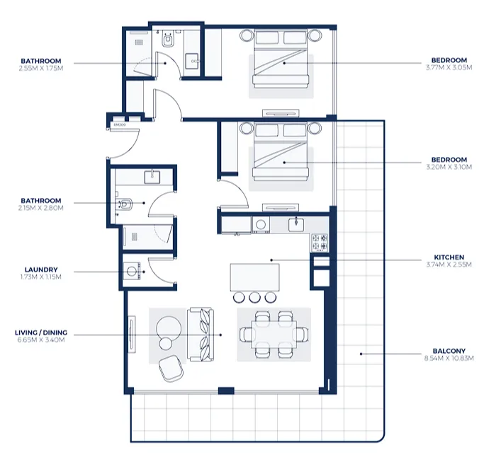 Creek Views 3 2 bed floor plan, 1,314 sqft
