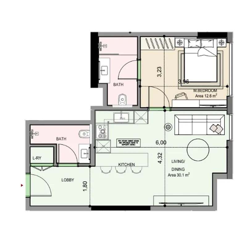 Edgewater Residences 1, 2 and 3 1 bed floor plan, 646 sqft