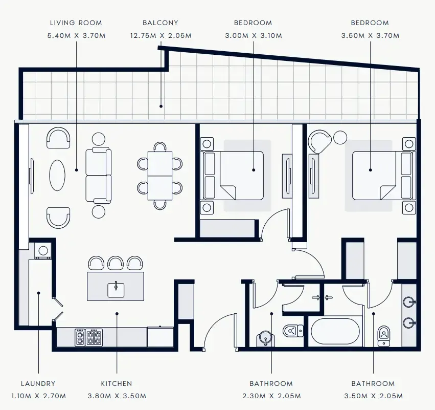 Riviera Rêve 2 bed floor plan, 1,271 sqft