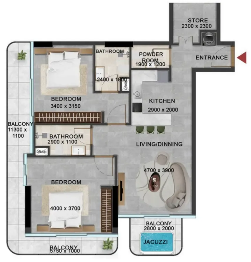 Vivanti Residences by Meteora 2 bed floor plan, 1,297 sqft