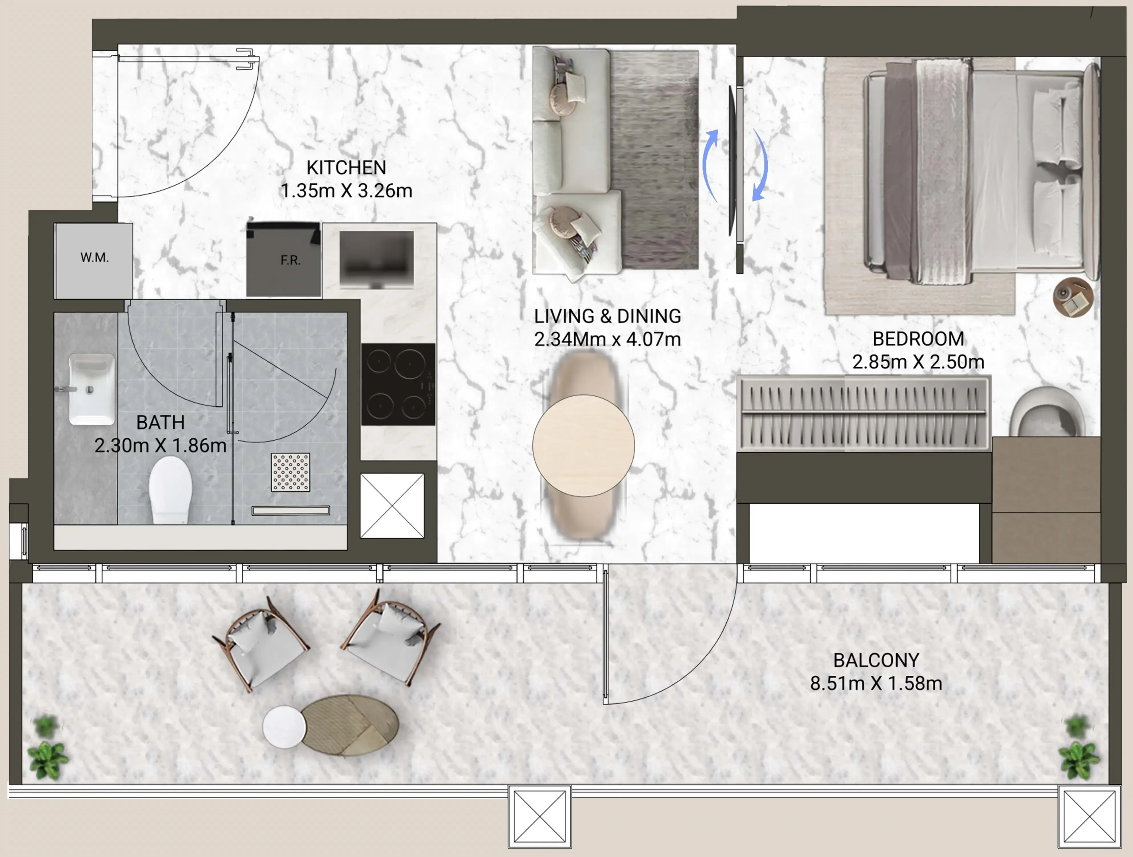 V-Suites Studio floor plan, 529 sqft