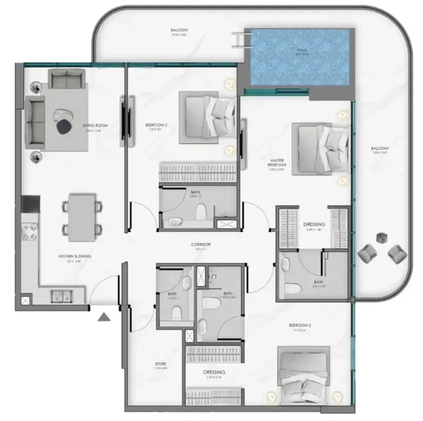 Samana Ocean Bay 3 bed floor plan, 1,739 sqft