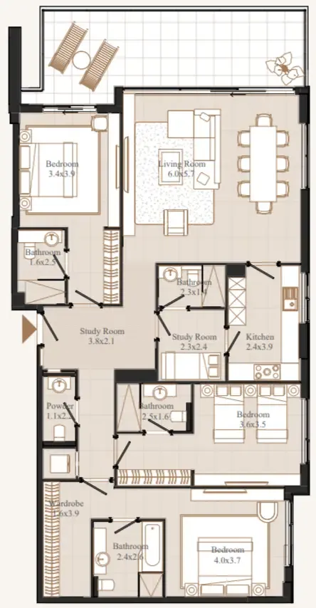 Flamingo LUX 3 bed floor plan, 1,958 sqft