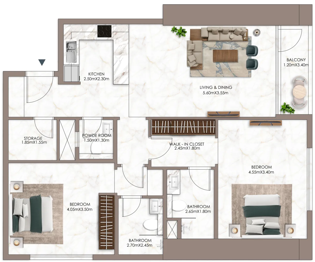 Sky Gardens Tower 2 bed floor plan, 1,491 sqft