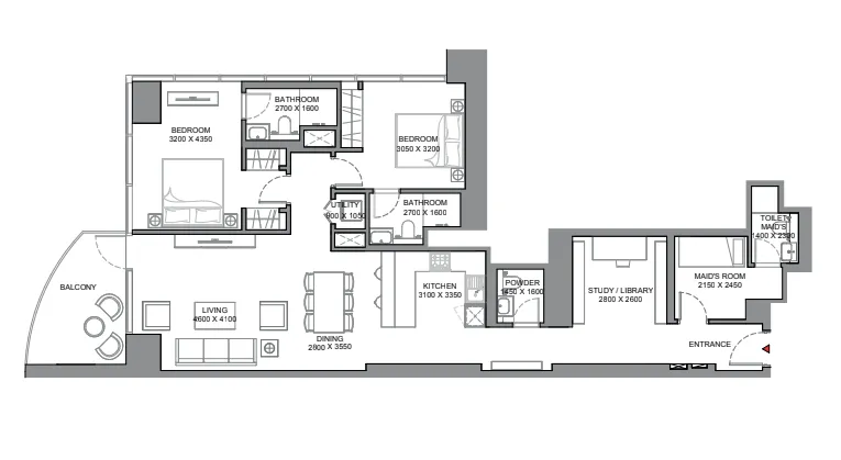 Skyscape 2 bed floor plan, 1,512 sqft