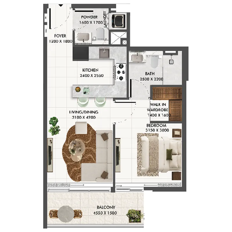 Eira Residence 1 bed floor plan, 635 sqft