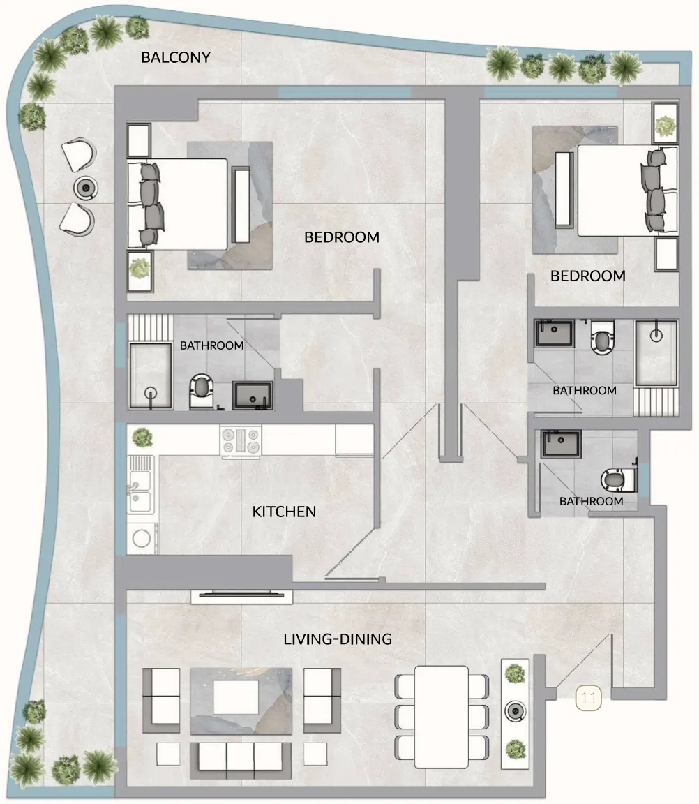 One 678 Residences 2 bed floor plan, 2,086 – 2,124 sqft
